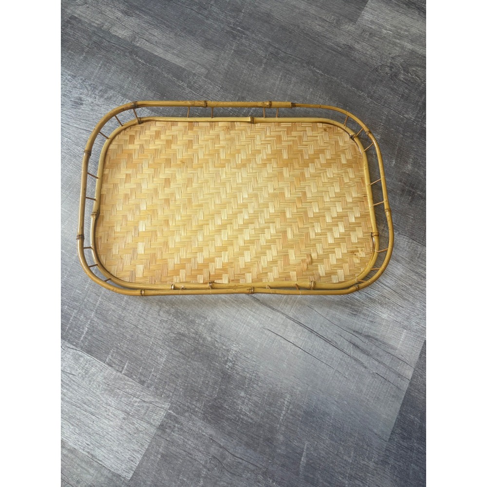 Vintage Woven Bamboo Rattan Serving Tray Rectangular Boho Coastal Decor 19x13